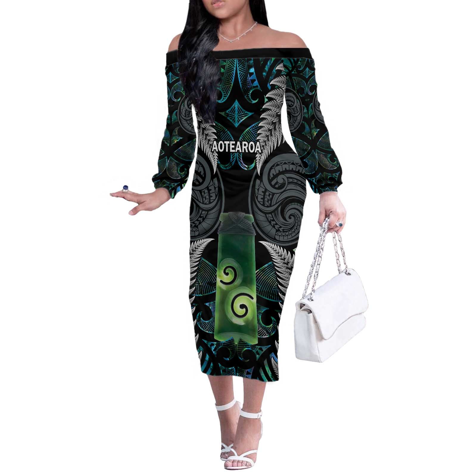 Personalised New Zealand Toki Off The Shoulder Long Sleeve Dress Silver Fern Mix Aotearoa Maori Pattern