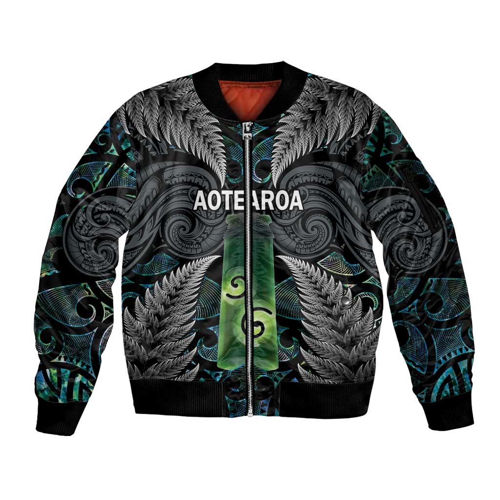 Personalised New Zealand Toki Sleeve Zip Bomber Jacket Silver Fern Mix Aotearoa Maori Pattern LT14 Unisex Black - Polynesian Pride