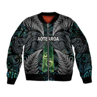 Personalised New Zealand Toki Sleeve Zip Bomber Jacket Silver Fern Mix Aotearoa Maori Pattern LT14 Unisex Black - Polynesian Pride