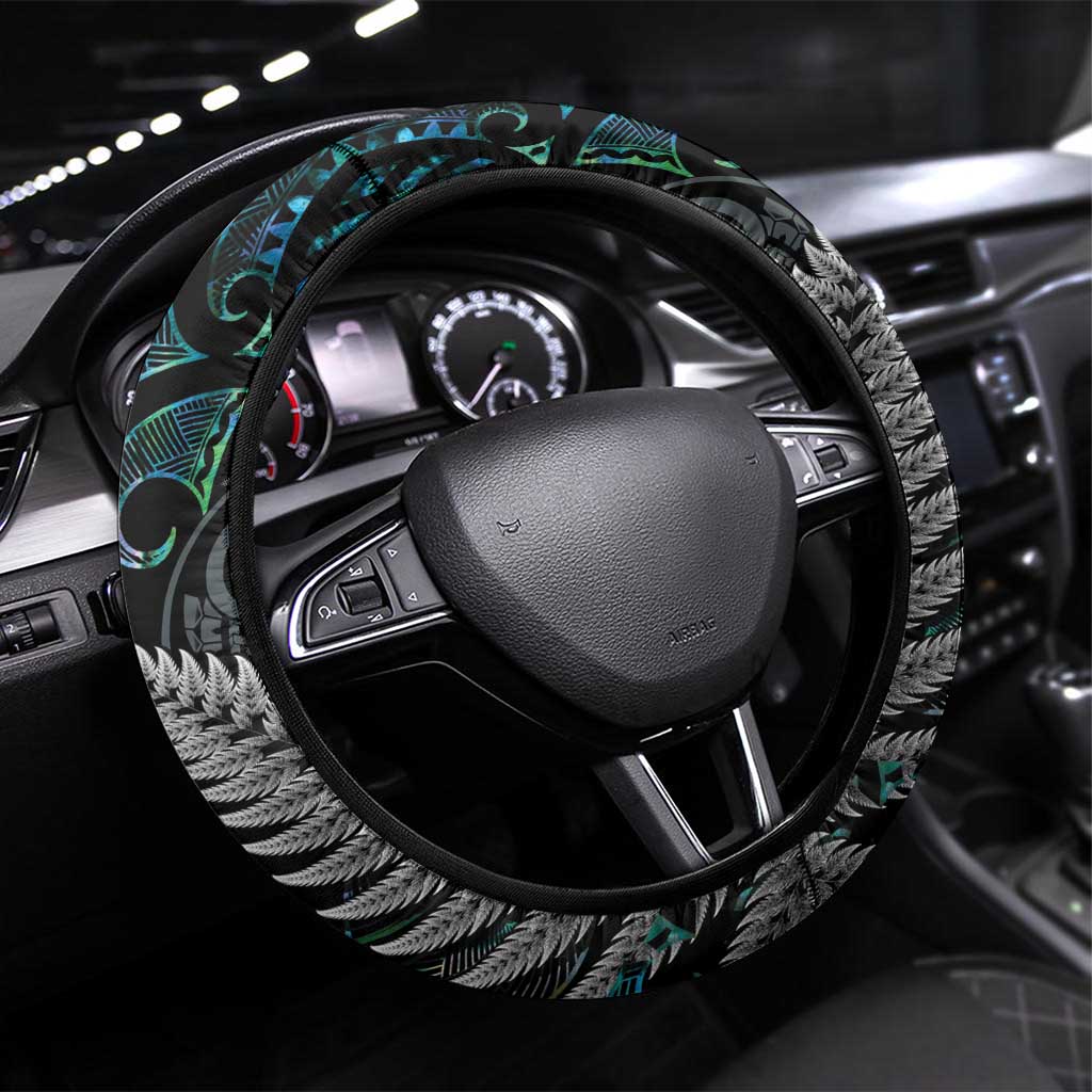 New Zealand Toki Steering Wheel Cover Silver Fern Mix Aotearoa Maori Pattern LT14 Universal Fit Black - Polynesian Pride