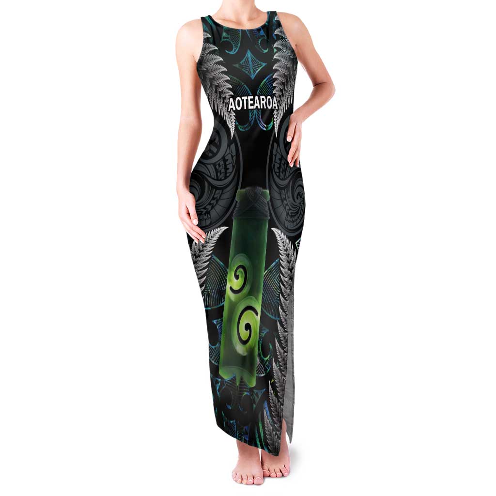 Personalised New Zealand Toki Tank Maxi Dress Silver Fern Mix Aotearoa Maori Pattern