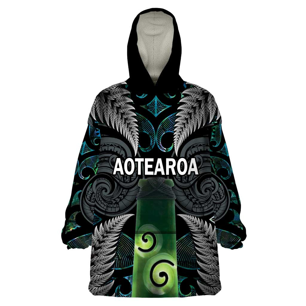 Personalised New Zealand Toki Wearable Blanket Hoodie Silver Fern Mix Aotearoa Maori Pattern LT14 One Size Black - Polynesian Pride
