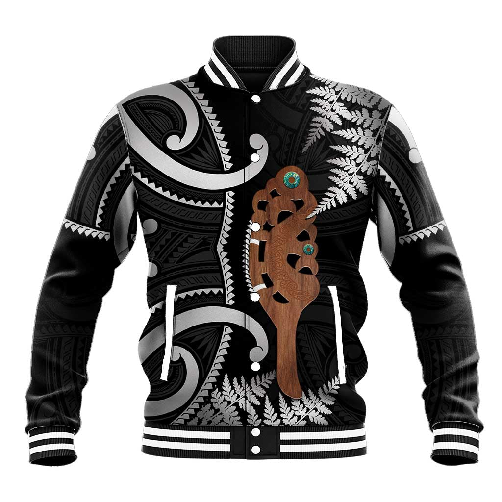 New Zealand Maripi Baseball Jacket Silver Fern Mix Aotearoa Maori Pattern LT14 Unisex Black - Polynesian Pride