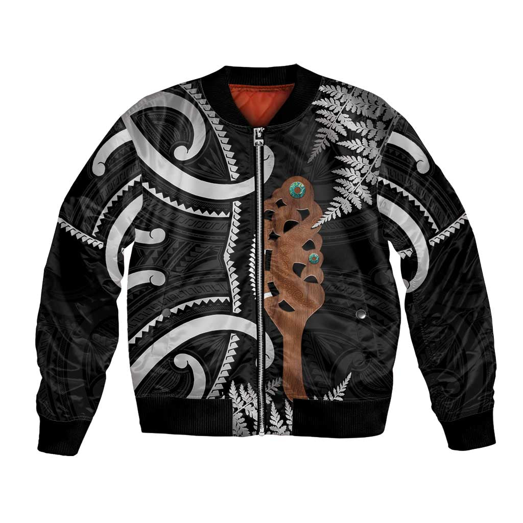 New Zealand Maripi Bomber Jacket Silver Fern Mix Aotearoa Maori Pattern LT14 Unisex Black - Polynesian Pride
