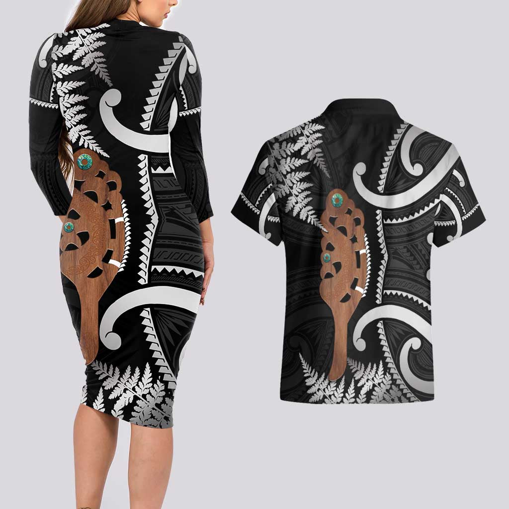 New Zealand Maripi Couples Matching Long Sleeve Bodycon Dress and Hawaiian Shirt Silver Fern Mix Aotearoa Maori Pattern