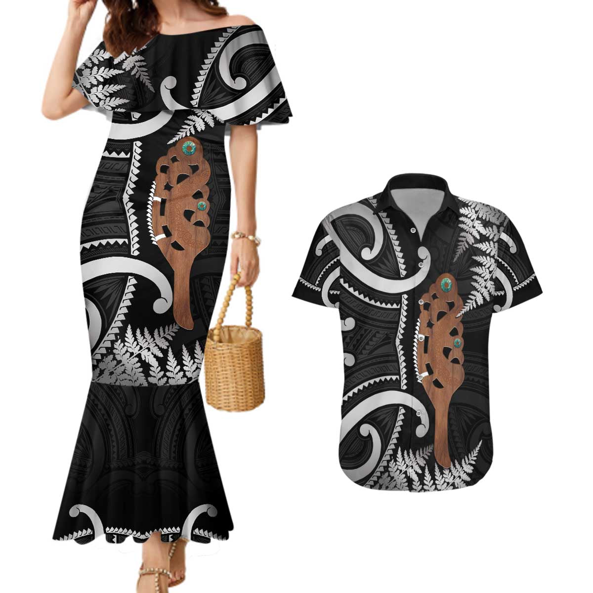 New Zealand Maripi Couples Matching Mermaid Dress and Hawaiian Shirt Silver Fern Mix Aotearoa Maori Pattern