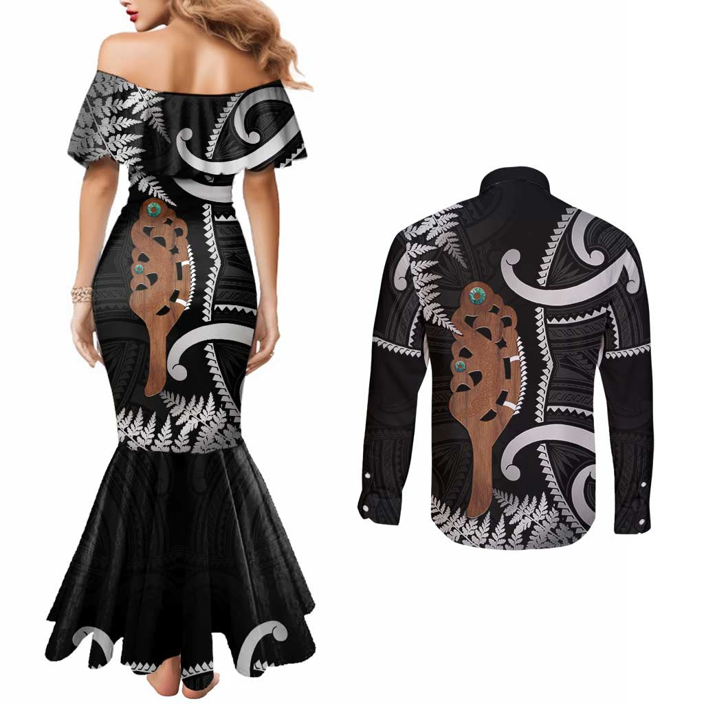 New Zealand Maripi Couples Matching Mermaid Dress and Long Sleeve Button Shirt Silver Fern Mix Aotearoa Maori Pattern