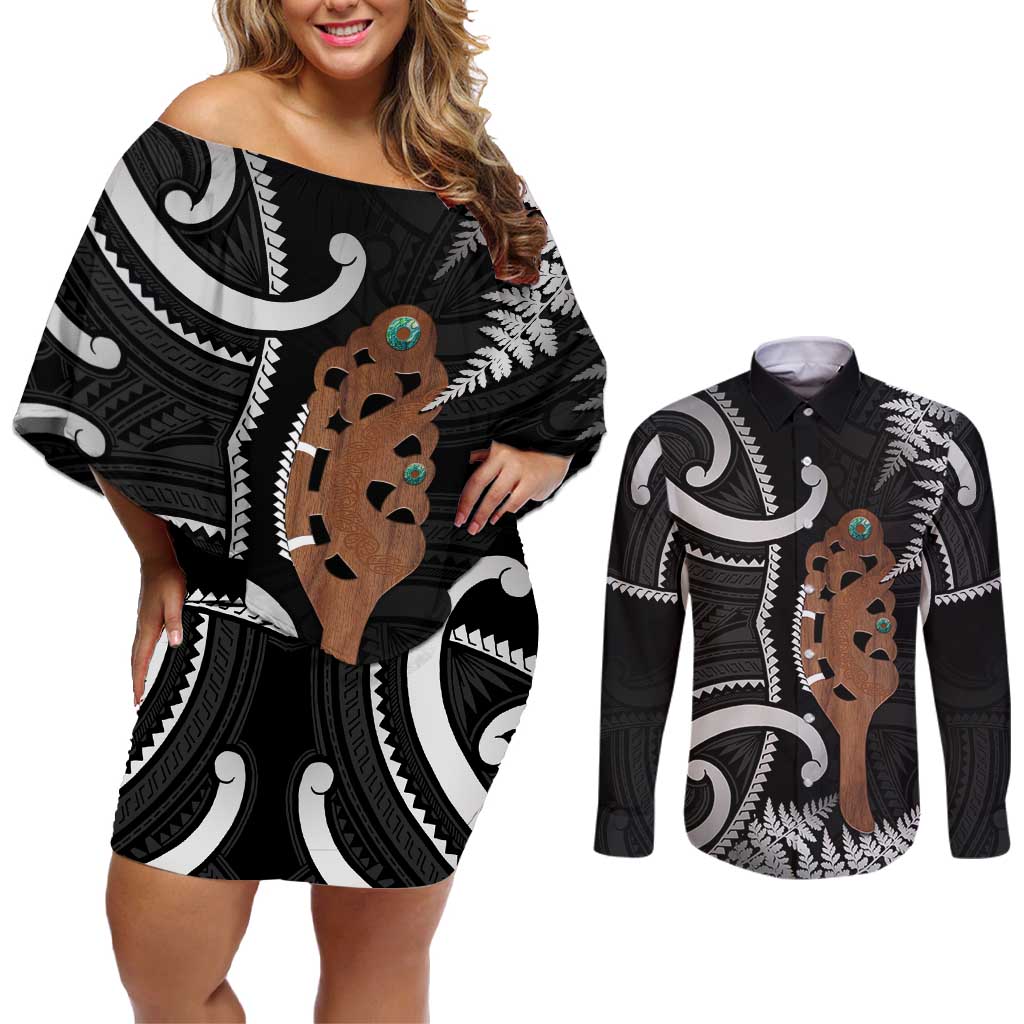 New Zealand Maripi Couples Matching Off Shoulder Short Dress and Long Sleeve Button Shirt Silver Fern Mix Aotearoa Maori Pattern