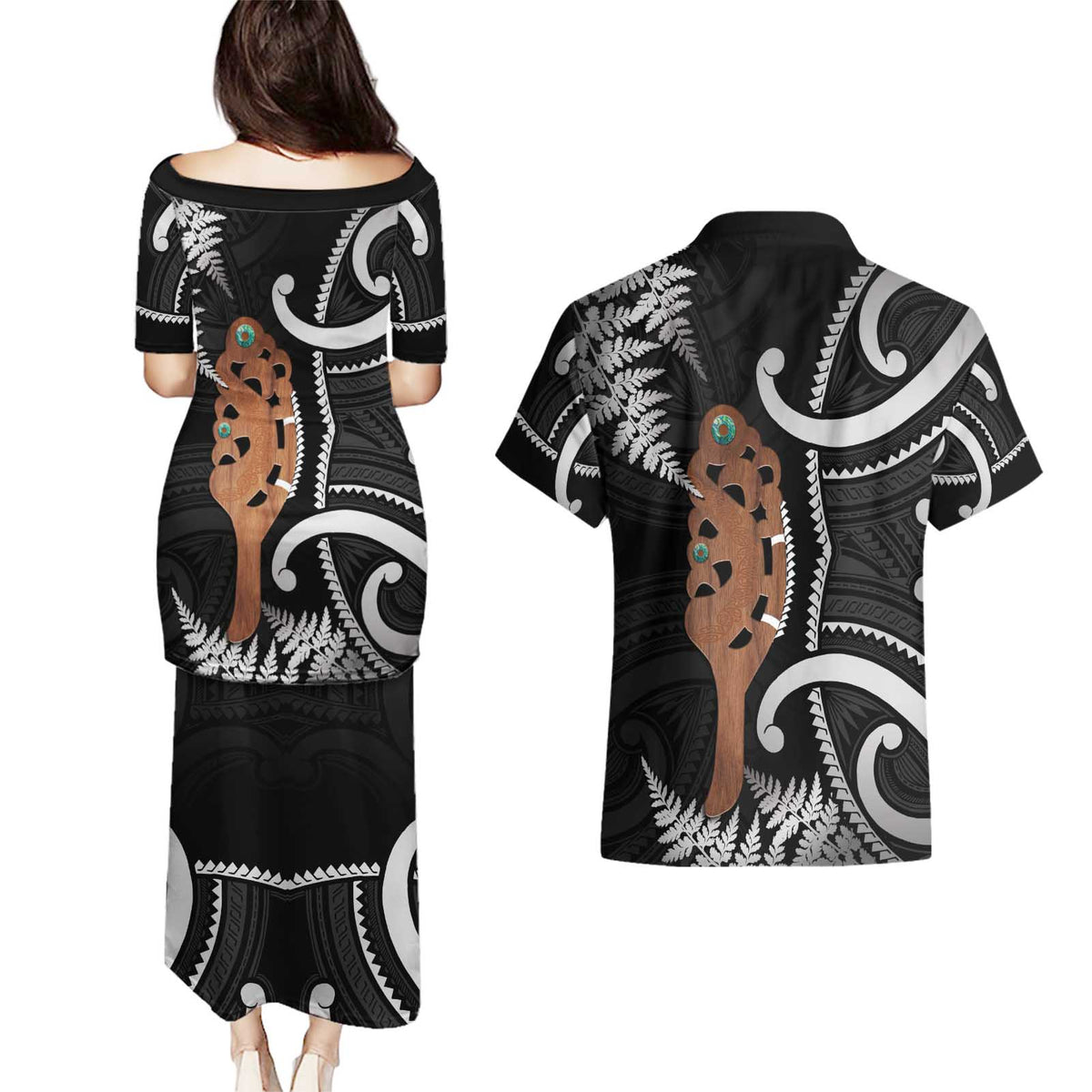 New Zealand Maripi Couples Matching Puletasi and Hawaiian Shirt Silver Fern Mix Aotearoa Maori Pattern
