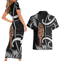 New Zealand Maripi Couples Matching Short Sleeve Bodycon Dress and Hawaiian Shirt Silver Fern Mix Aotearoa Maori Pattern