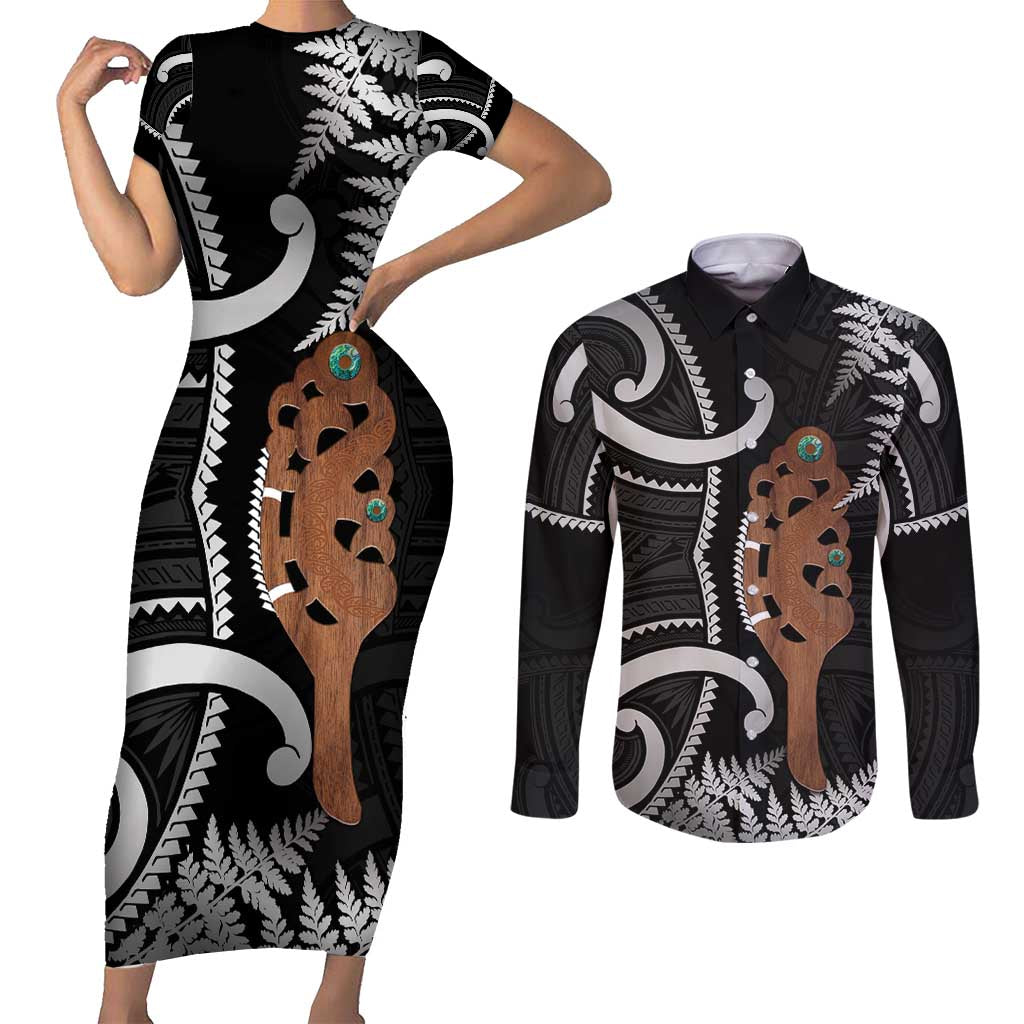 New Zealand Maripi Couples Matching Short Sleeve Bodycon Dress and Long Sleeve Button Shirt Silver Fern Mix Aotearoa Maori Pattern