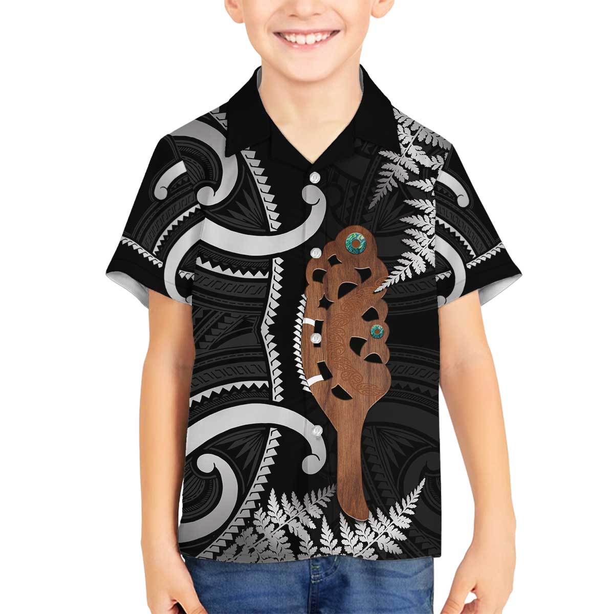 New Zealand Maripi Family Matching Puletasi and Hawaiian Shirt Silver Fern Mix Aotearoa Maori Pattern LT14 Son's Shirt Black - Polynesian Pride