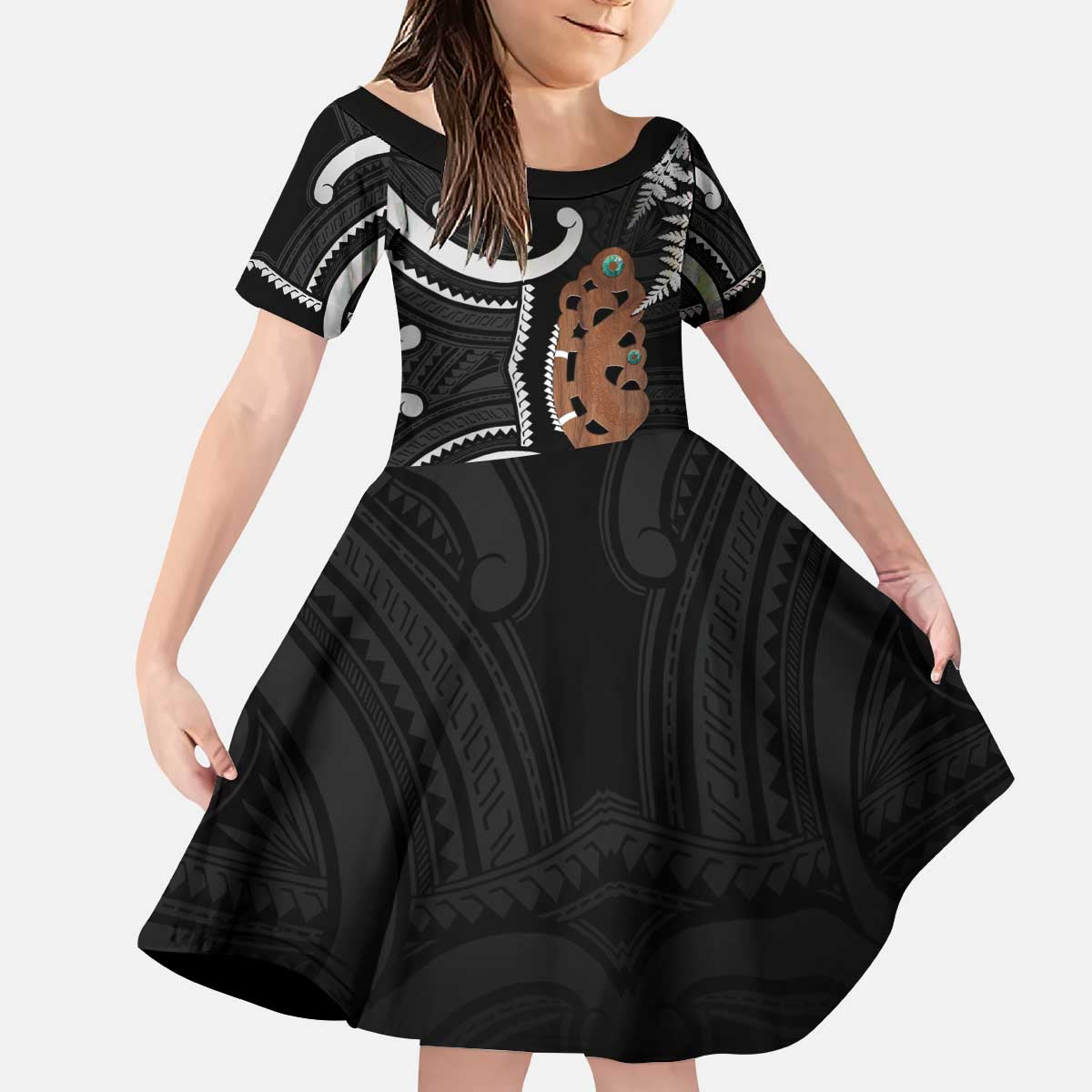 New Zealand Maripi Kid Short Sleeve Dress Silver Fern Mix Aotearoa Maori Pattern