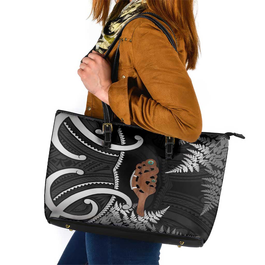New Zealand Maripi Leather Tote Bag Silver Fern Mix Aotearoa Maori Pattern LT14 Black - Polynesian Pride