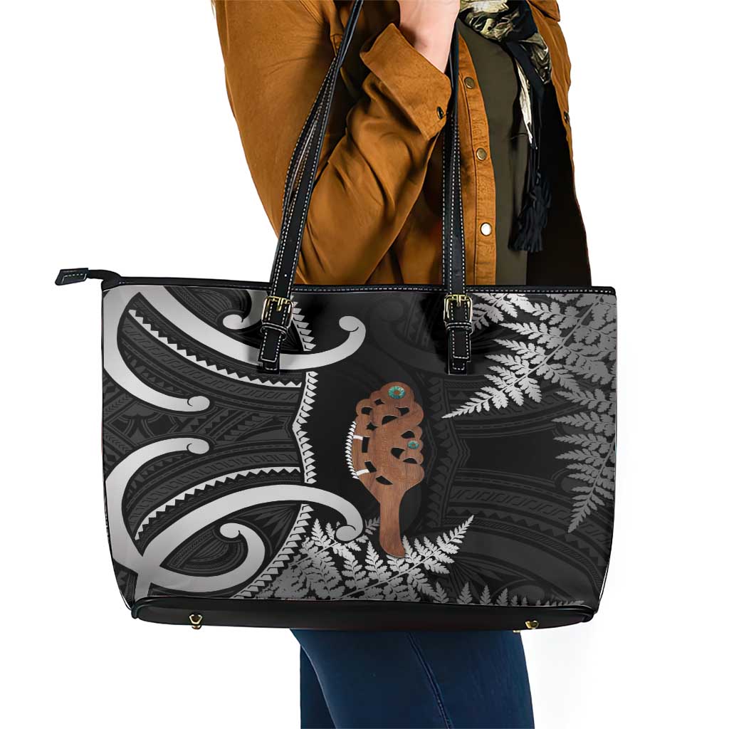 New Zealand Maripi Leather Tote Bag Silver Fern Mix Aotearoa Maori Pattern LT14 - Polynesian Pride