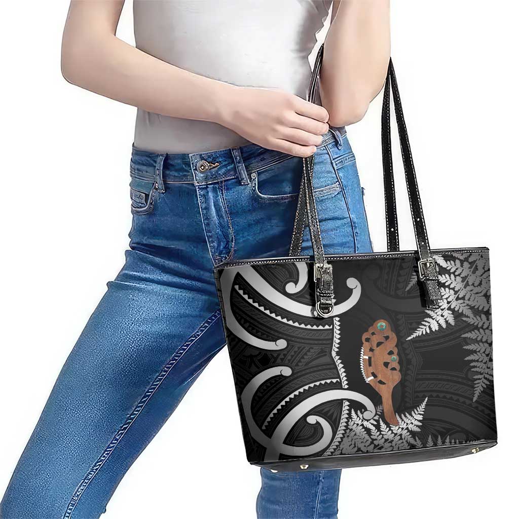 New Zealand Maripi Leather Tote Bag Silver Fern Mix Aotearoa Maori Pattern LT14 - Polynesian Pride