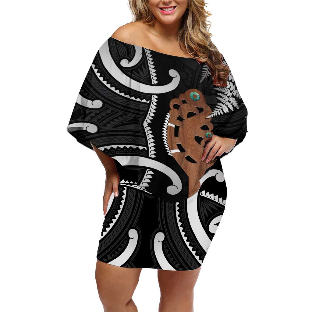 New Zealand Maripi Off Shoulder Short Dress Silver Fern Mix Aotearoa Maori Pattern