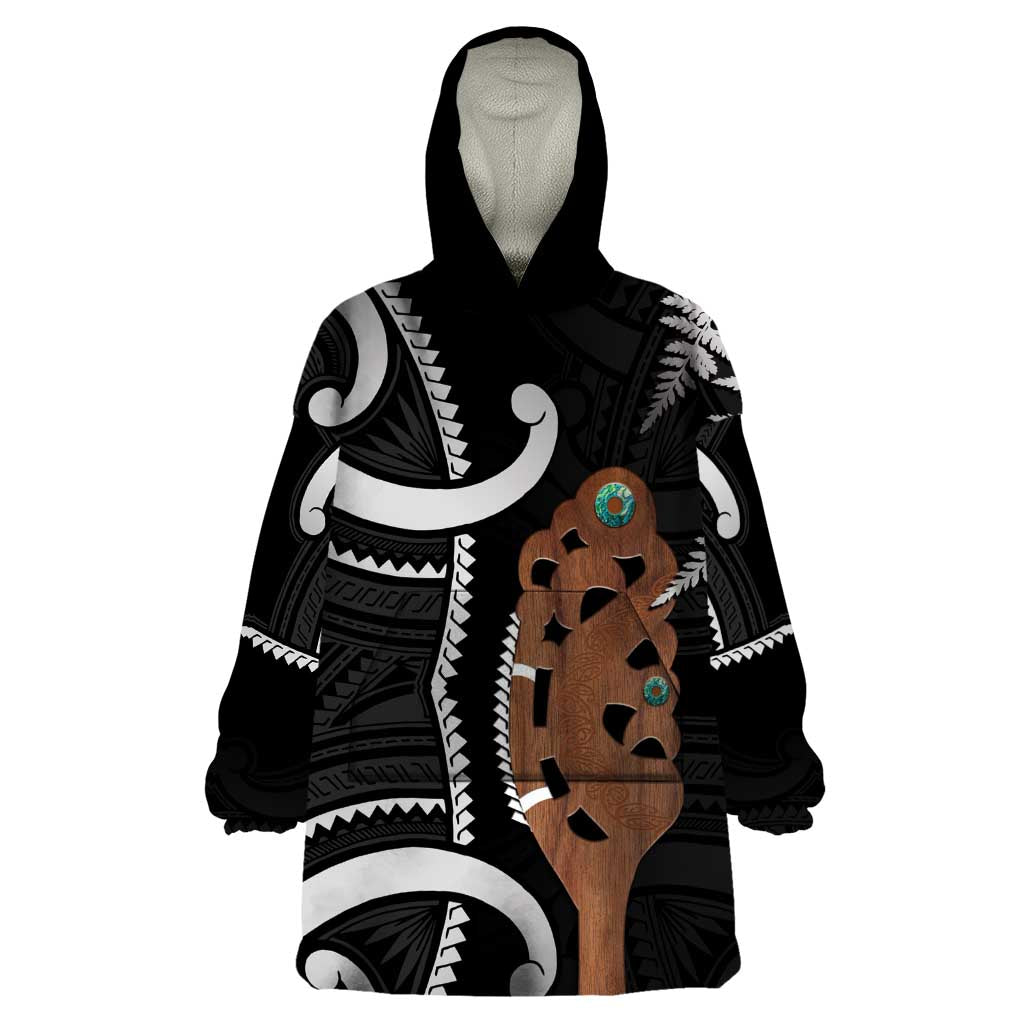 New Zealand Maripi Wearable Blanket Hoodie Silver Fern Mix Aotearoa Maori Pattern LT14 One Size Black - Polynesian Pride