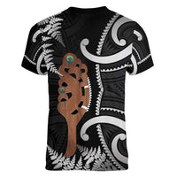 New Zealand Maripi Women V-Neck T-Shirt Silver Fern Mix Aotearoa Maori Pattern