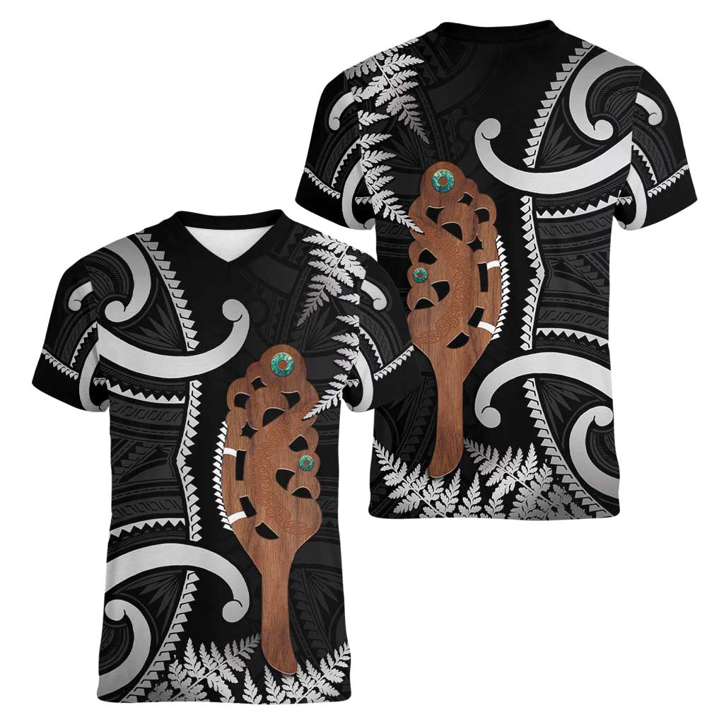 New Zealand Maripi Women V-Neck T-Shirt Silver Fern Mix Aotearoa Maori Pattern