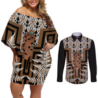 New Zealand Couples Matching Off Shoulder Short Dress and Long Sleeve Button Shirt Maori Maripi Knife With Poutama Art