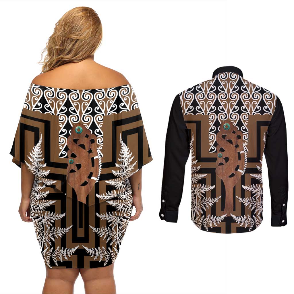 New Zealand Couples Matching Off Shoulder Short Dress and Long Sleeve Button Shirt Maori Maripi Knife With Poutama Art