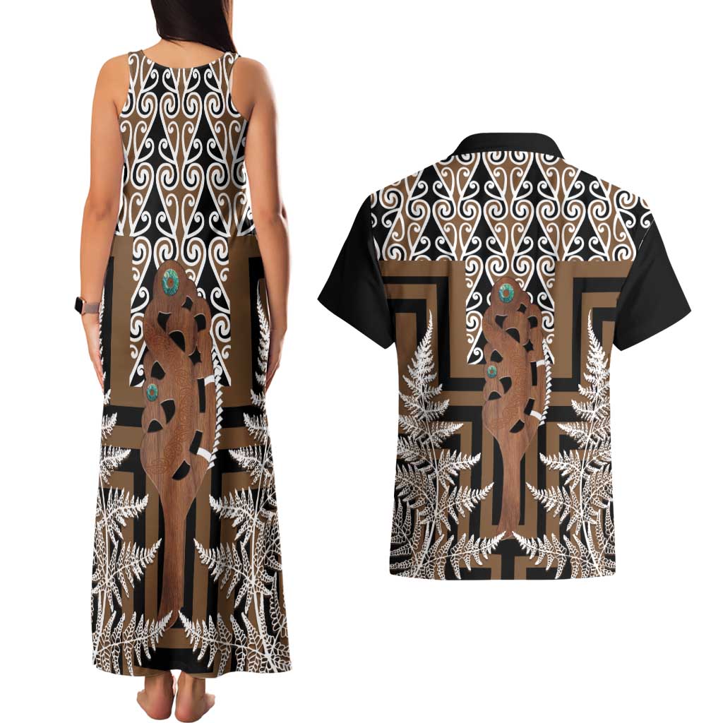 New Zealand Couples Matching Tank Maxi Dress and Hawaiian Shirt Maori Maripi Knife With Poutama Art
