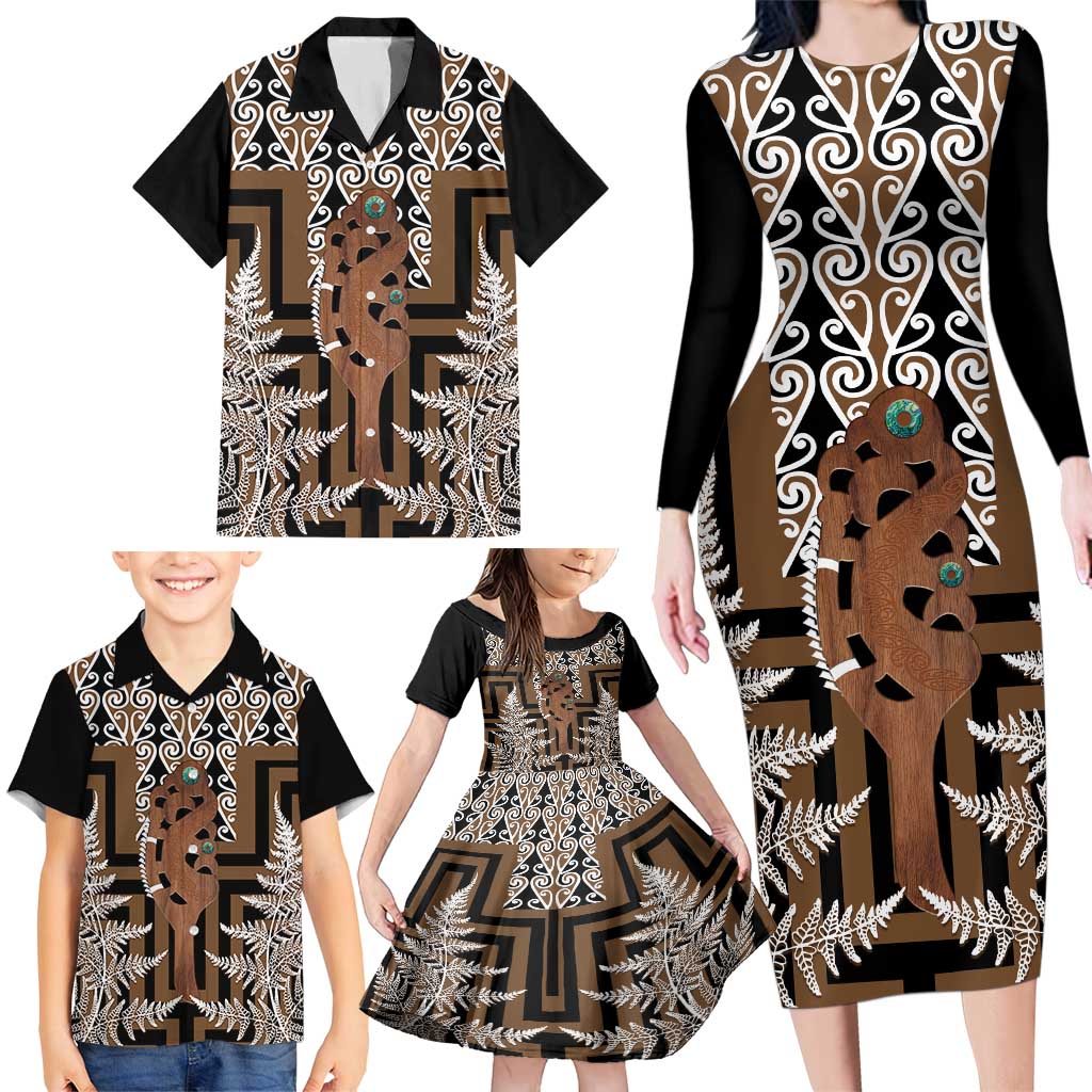 New Zealand Family Matching Long Sleeve Bodycon Dress and Hawaiian Shirt Maori Maripi Knife With Poutama Art