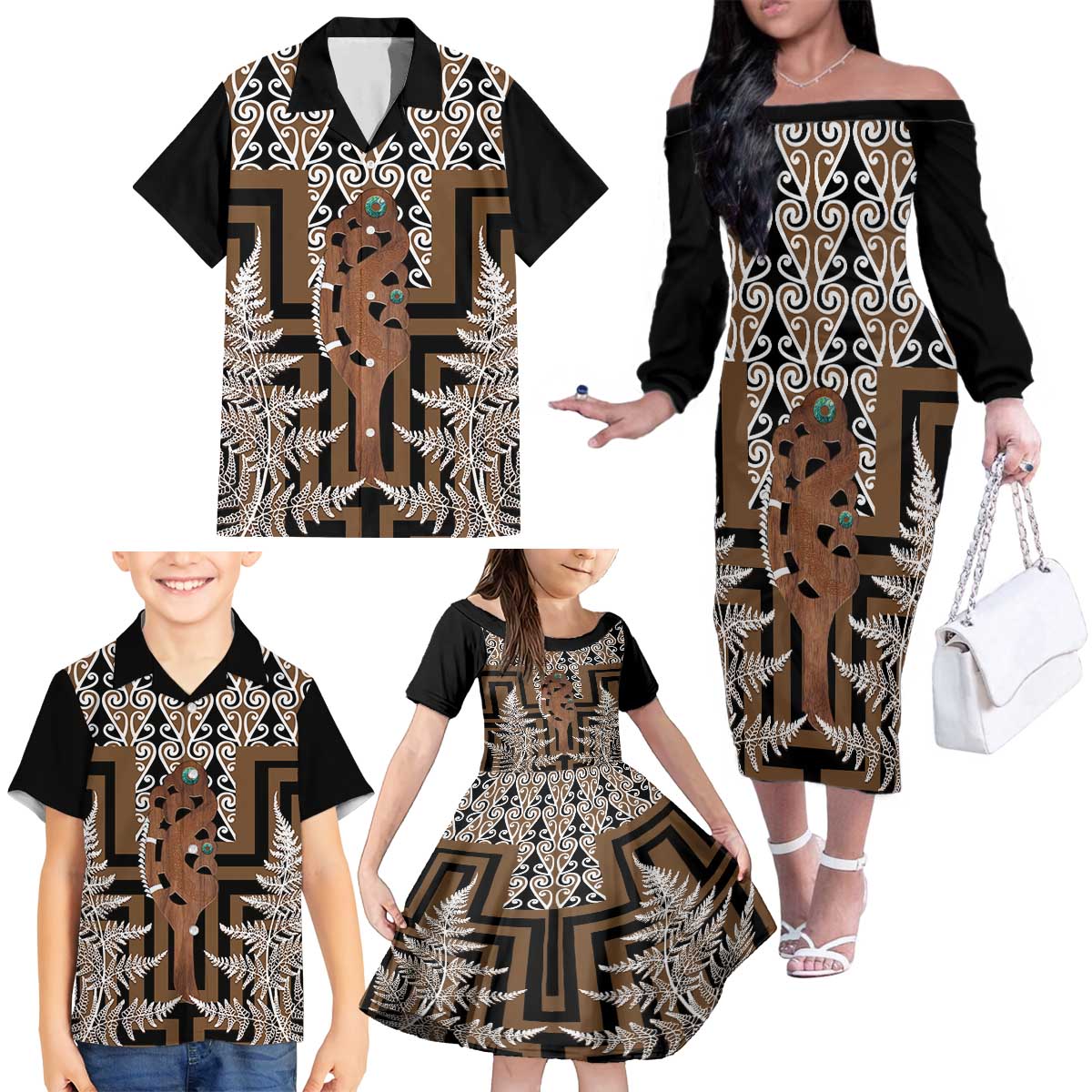 New Zealand Family Matching Off The Shoulder Long Sleeve Dress and Hawaiian Shirt Maori Maripi Knife With Poutama Art