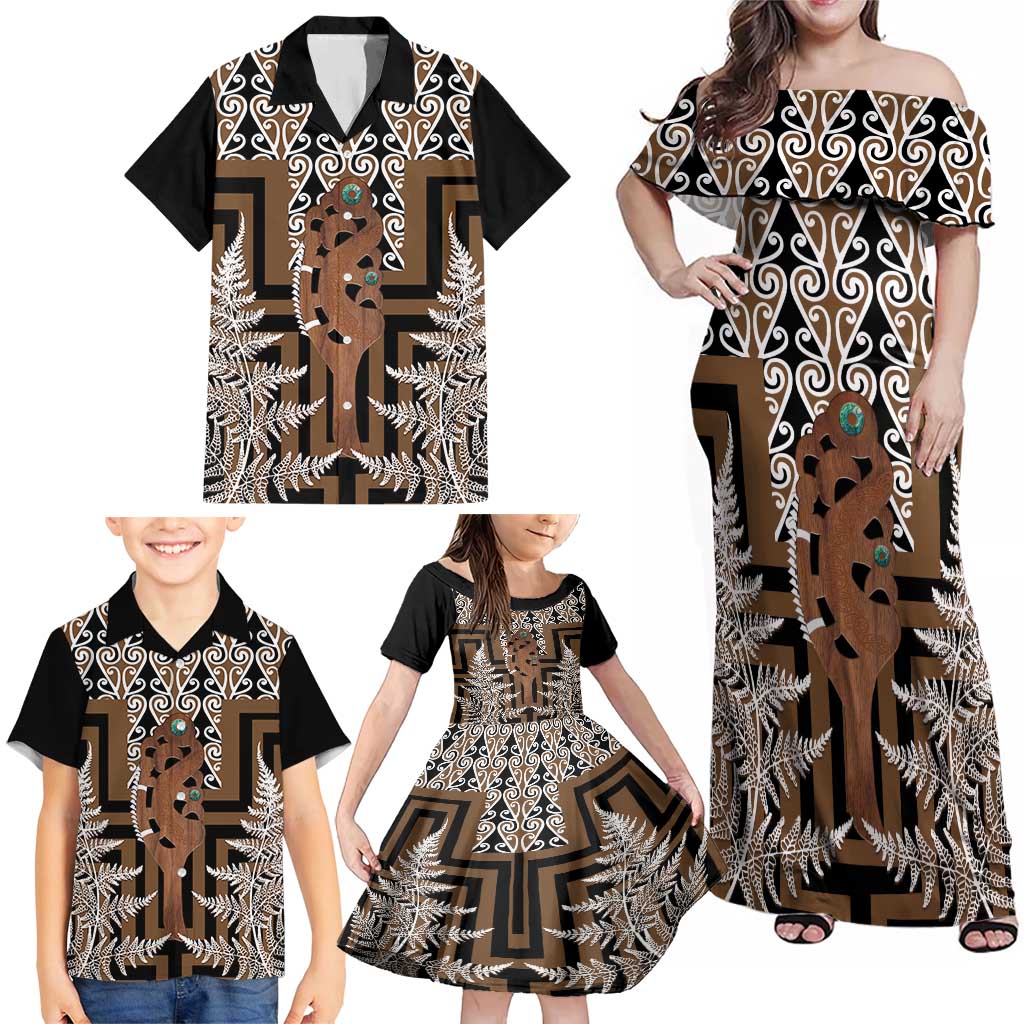 New Zealand Family Matching Off Shoulder Maxi Dress and Hawaiian Shirt Maori Maripi Knife With Poutama Art