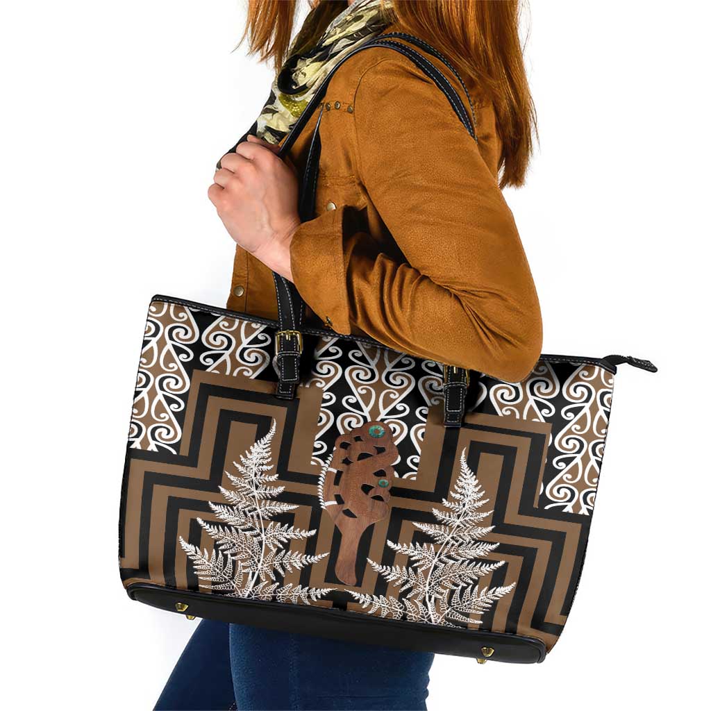 New Zealand Leather Tote Bag Maori Maripi Knife With Poutama Art LT14 Brown - Polynesian Pride