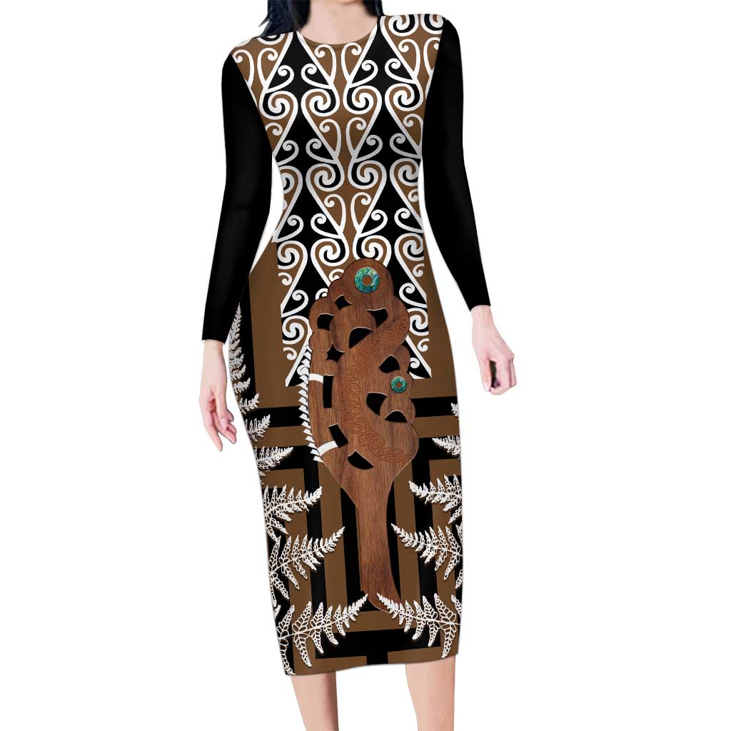 New Zealand Long Sleeve Bodycon Dress Maori Maripi Knife With Poutama Art