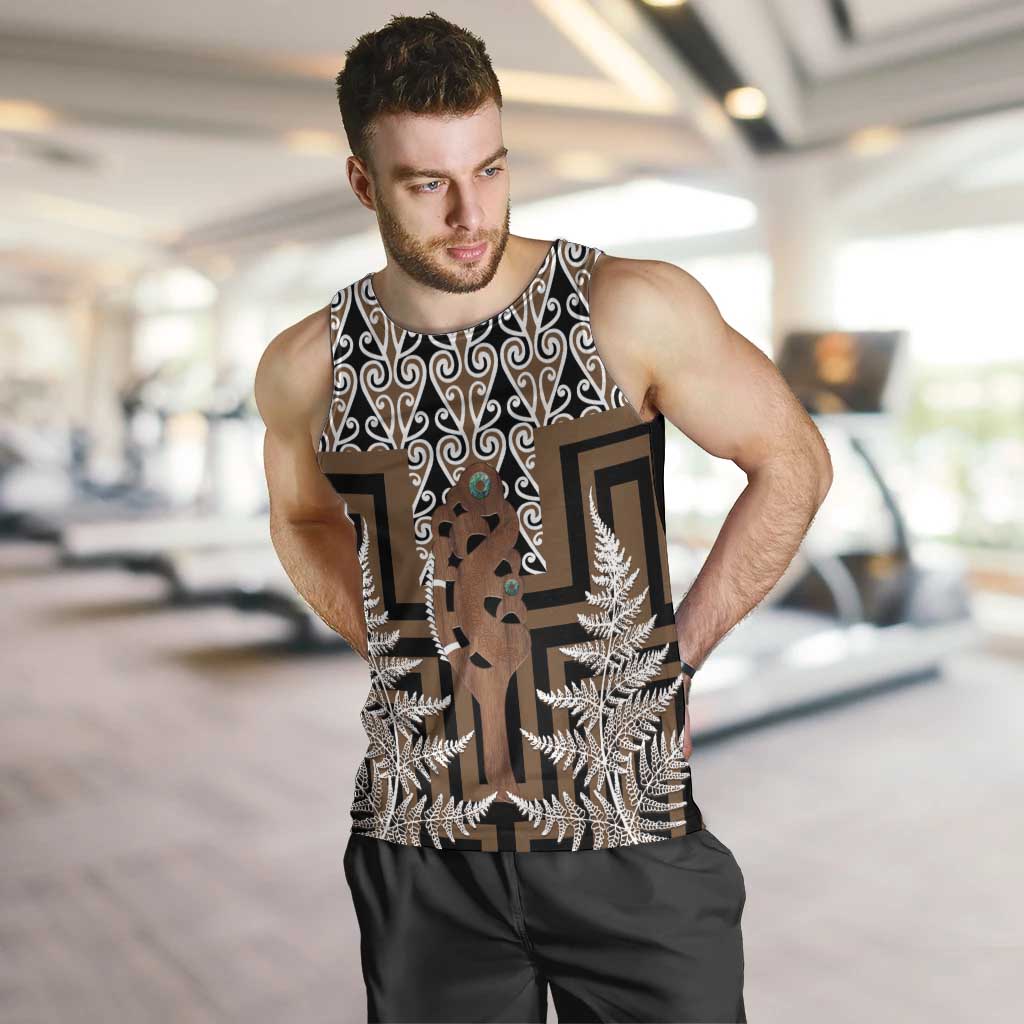 New Zealand Men Tank Top Maori Maripi Knife With Poutama Art LT14 Brown - Polynesian Pride