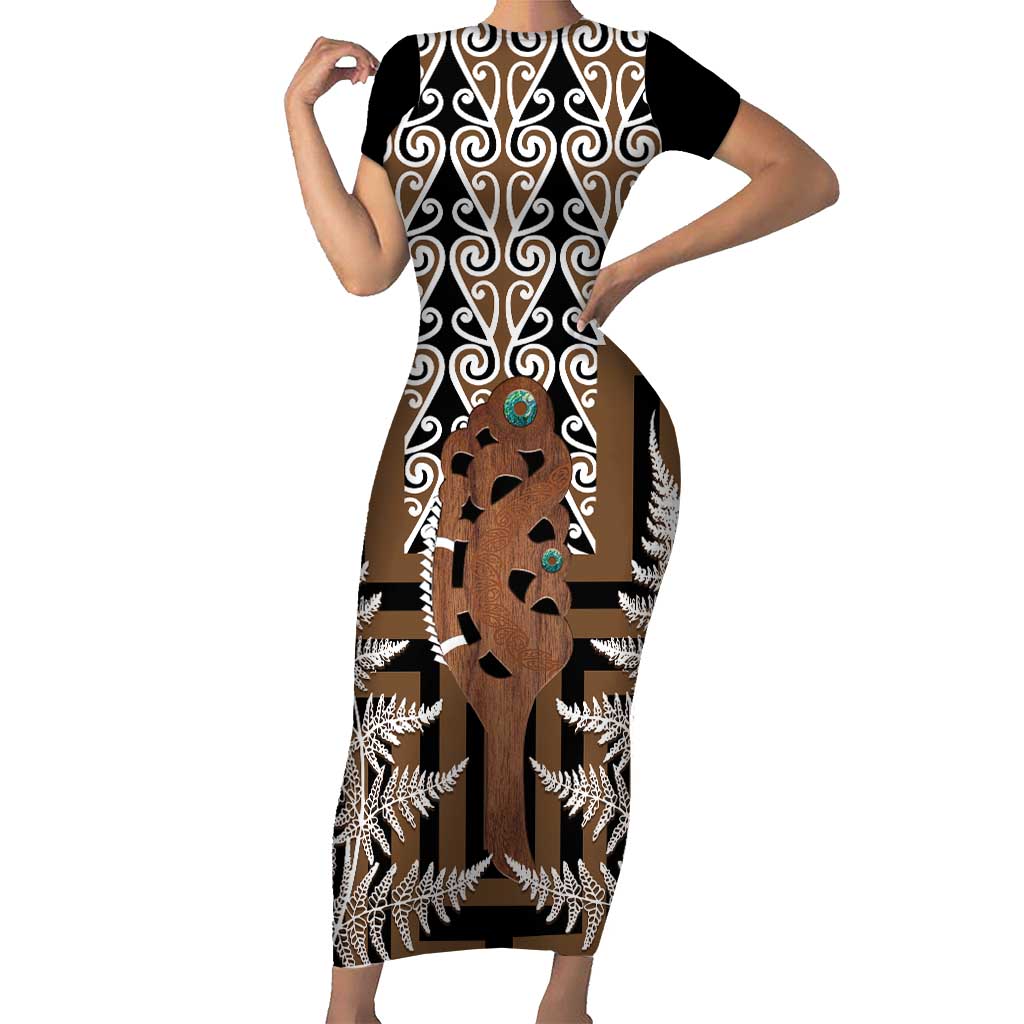 New Zealand Short Sleeve Bodycon Dress Maori Maripi Knife With Poutama Art