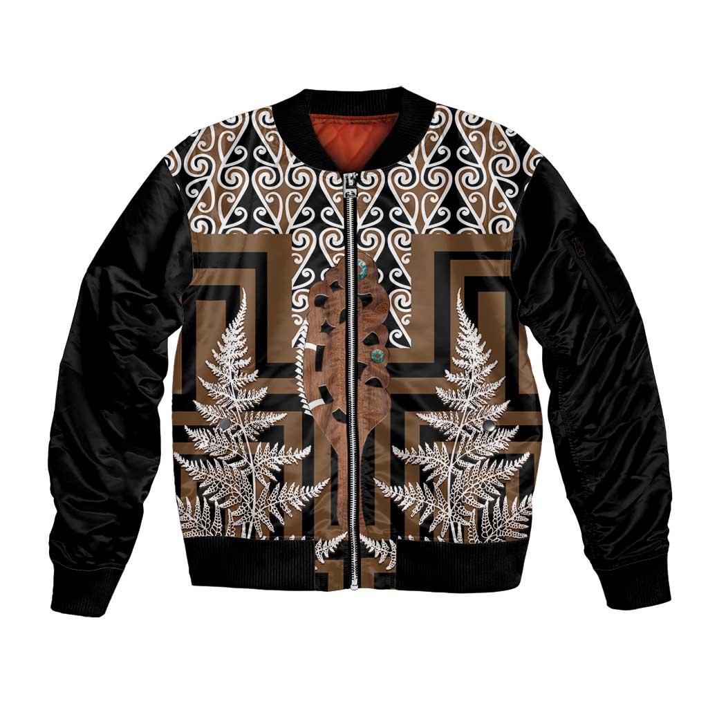 New Zealand Sleeve Zip Bomber Jacket Maori Maripi Knife With Poutama Art LT14 Unisex Brown - Polynesian Pride