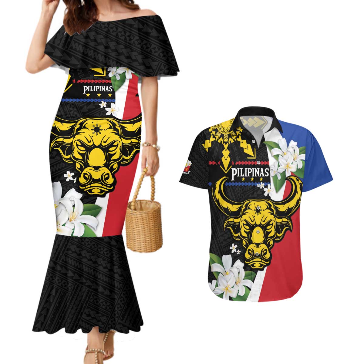 Personalised Philippines Carabao Couples Matching Mermaid Dress and Hawaiian Shirt Filipino Sun Mix Sampaguita Flower