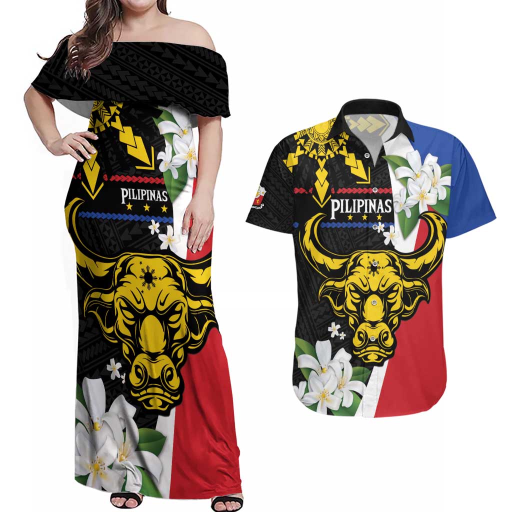 Personalised Philippines Carabao Couples Matching Off Shoulder Maxi Dress and Hawaiian Shirt Filipino Sun Mix Sampaguita Flower