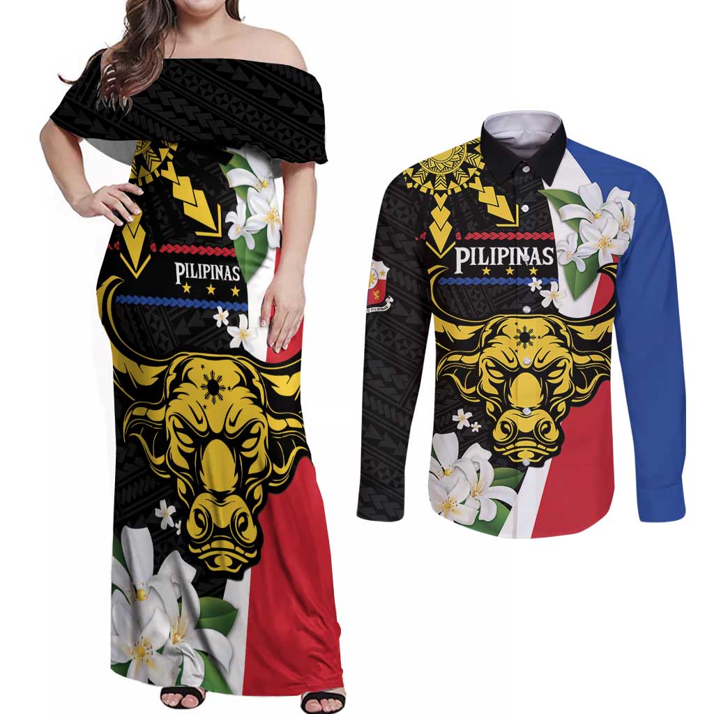 Personalised Philippines Carabao Couples Matching Off Shoulder Maxi Dress and Long Sleeve Button Shirt Filipino Sun Mix Sampaguita Flower