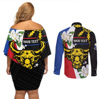 Personalised Philippines Carabao Couples Matching Off Shoulder Short Dress and Long Sleeve Button Shirt Filipino Sun Mix Sampaguita Flower