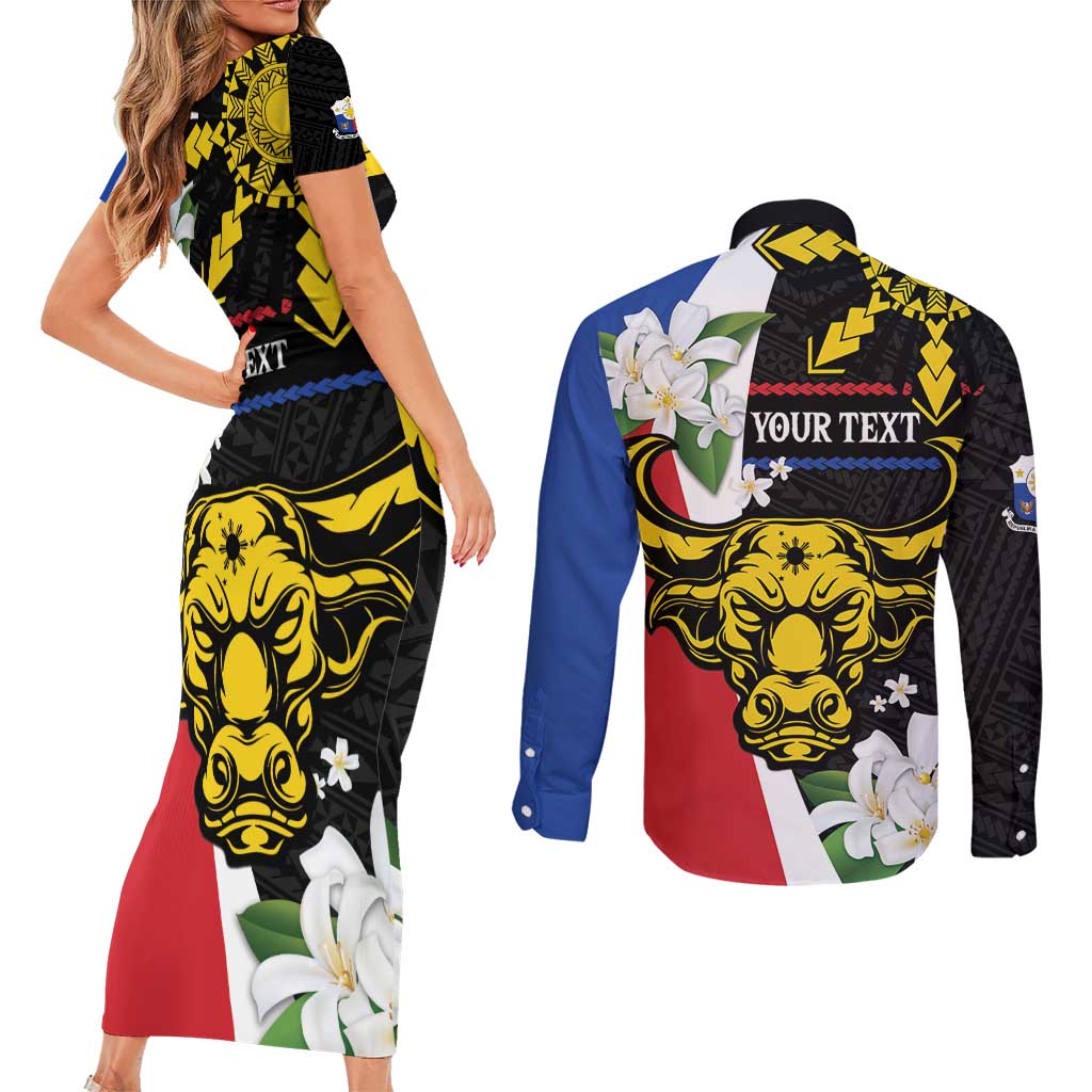 Personalised Philippines Carabao Couples Matching Short Sleeve Bodycon Dress and Long Sleeve Button Shirt Filipino Sun Mix Sampaguita Flower