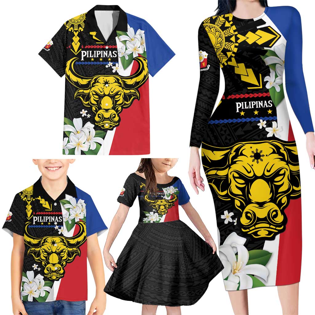 Personalised Philippines Carabao Family Matching Long Sleeve Bodycon Dress and Hawaiian Shirt Filipino Sun Mix Sampaguita Flower