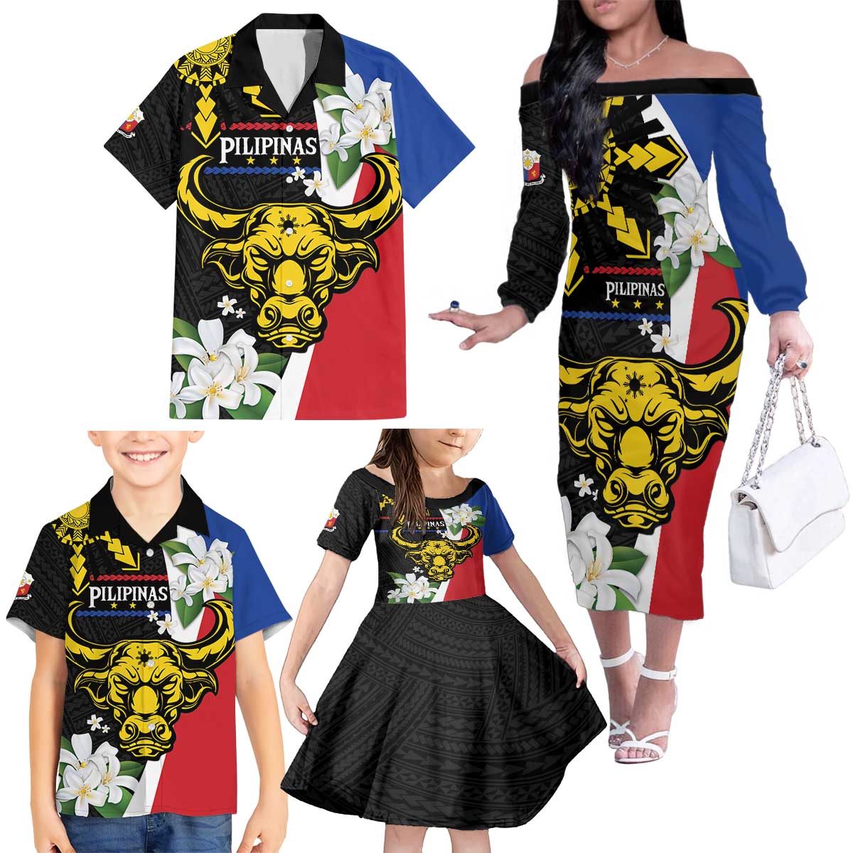 Personalised Philippines Carabao Family Matching Off The Shoulder Long Sleeve Dress and Hawaiian Shirt Filipino Sun Mix Sampaguita Flower