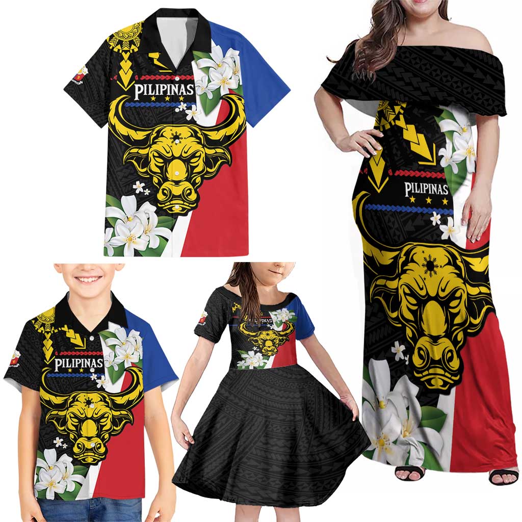 Personalised Philippines Carabao Family Matching Off Shoulder Maxi Dress and Hawaiian Shirt Filipino Sun Mix Sampaguita Flower