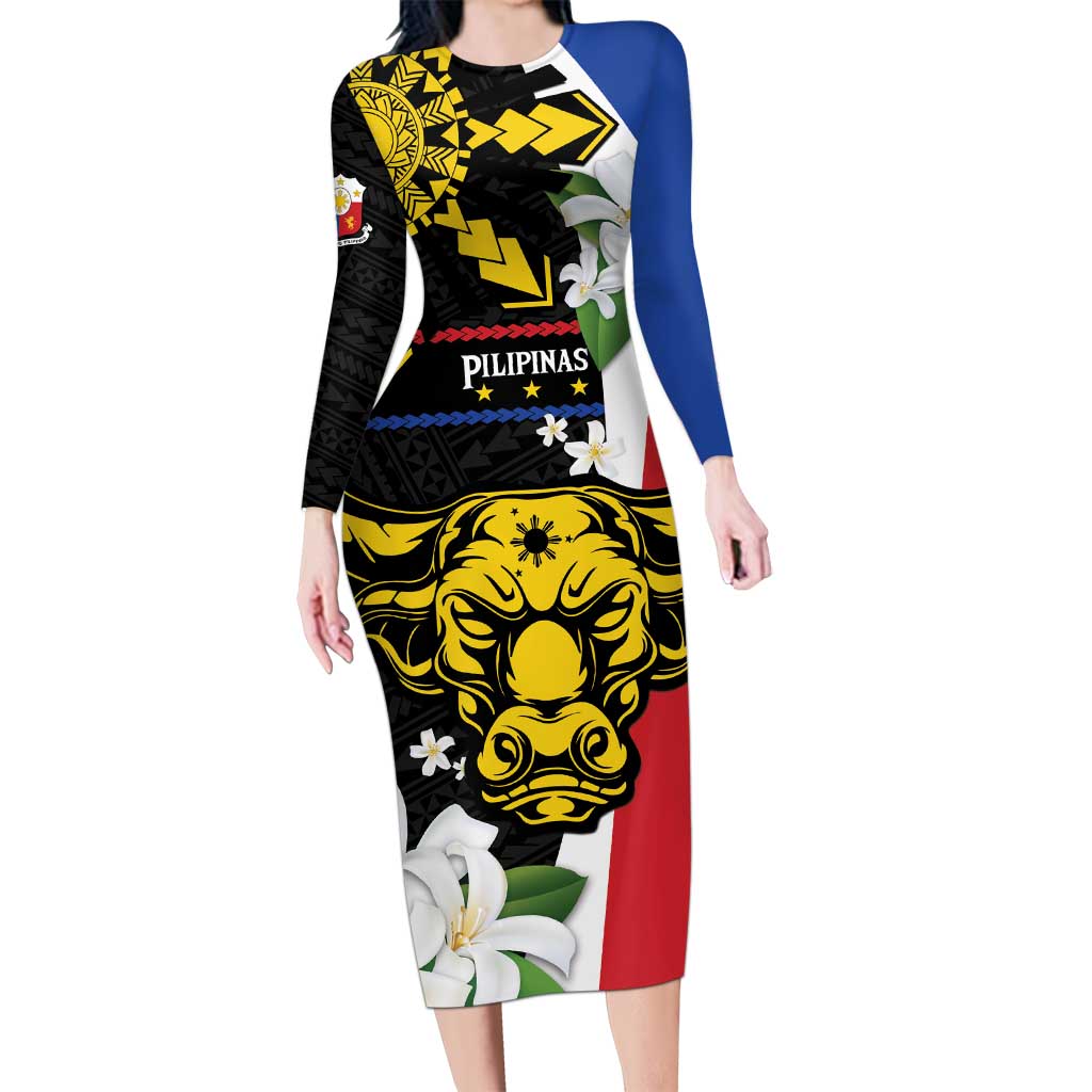 Personalised Philippines Carabao Long Sleeve Bodycon Dress Filipino Sun Mix Sampaguita Flower