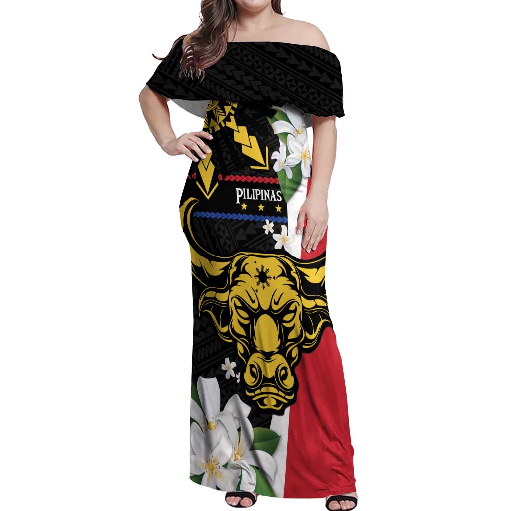 Personalised Philippines Carabao Off Shoulder Maxi Dress Filipino Sun Mix Sampaguita Flower