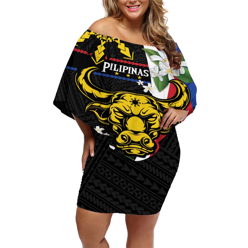 Personalised Philippines Carabao Off Shoulder Short Dress Filipino Sun Mix Sampaguita Flower