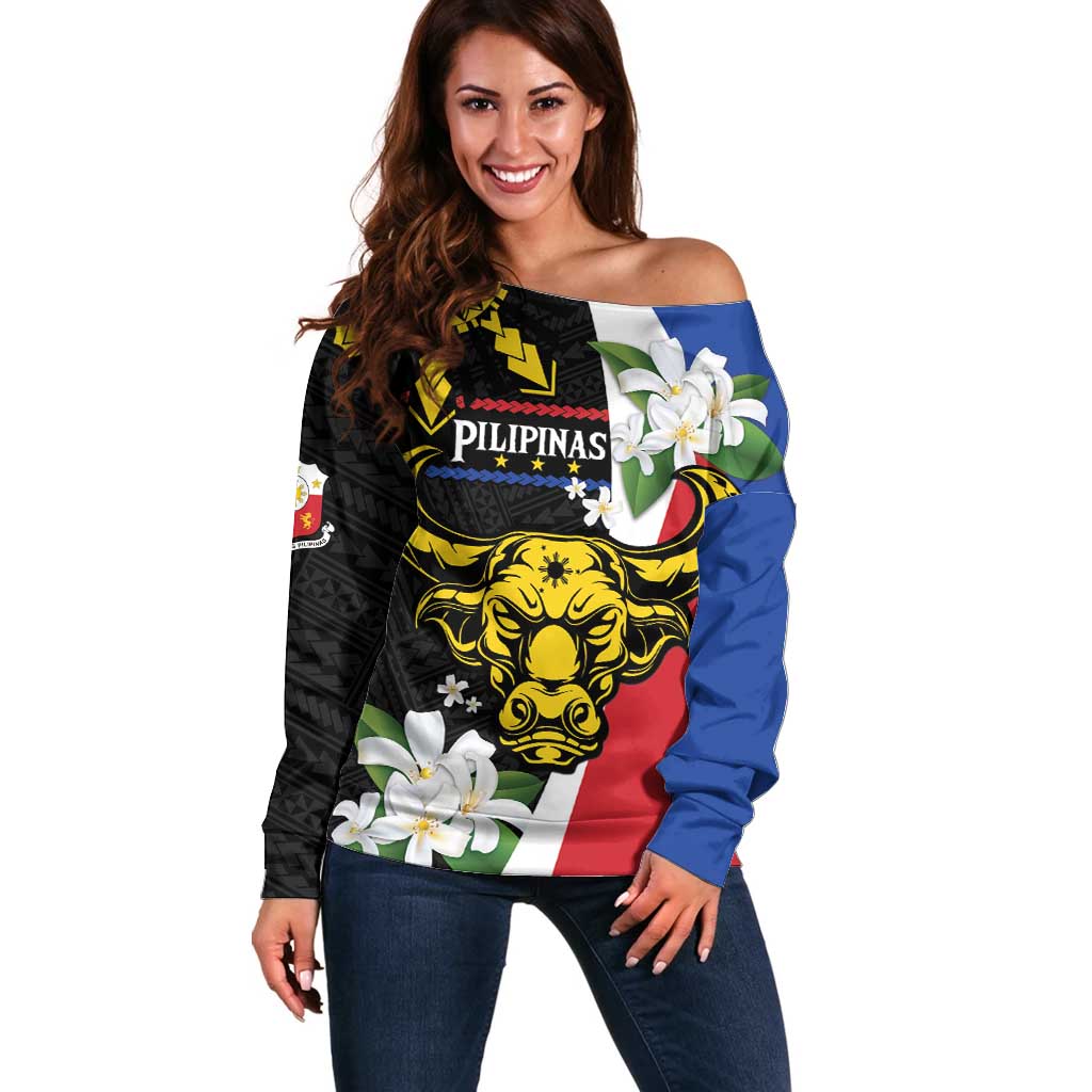 Personalised Philippines Carabao Off Shoulder Sweater Filipino Sun Mix Sampaguita Flower