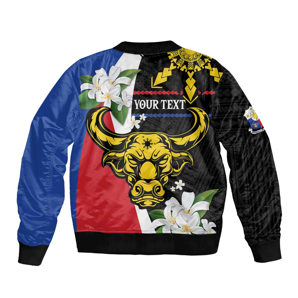 Personalised Philippines Carabao Sleeve Zip Bomber Jacket Filipino Sun Mix Sampaguita Flower