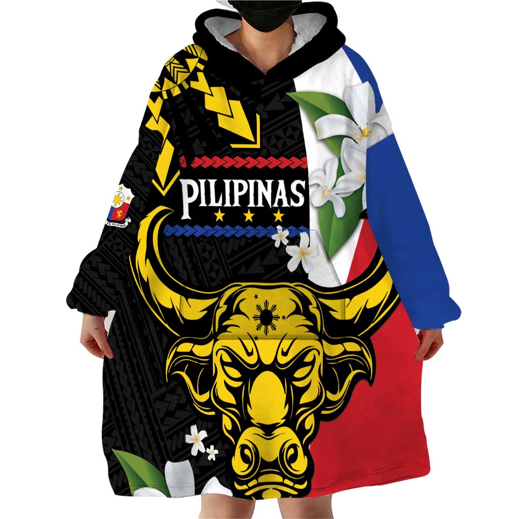 Personalised Philippines Carabao Wearable Blanket Hoodie Filipino Sun Mix Sampaguita Flower