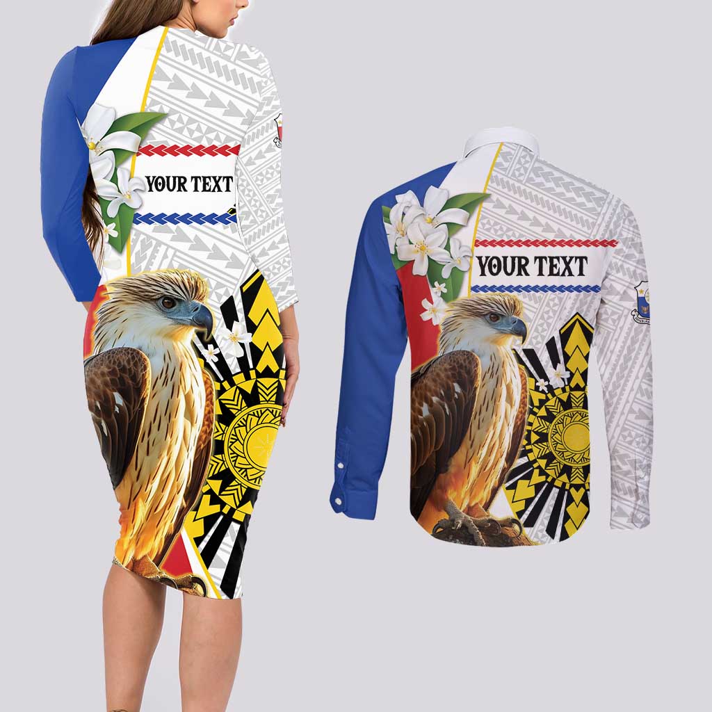 Personalised Philippines Eagle Couples Matching Long Sleeve Bodycon Dress and Long Sleeve Button Shirt Filipino Sun Mix Sampaguita Flower